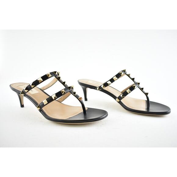 Valentino Rockstud 50 Black Thong Backless Strap Sandal Kitten Heel Pump 39 - Picture 2 of 12